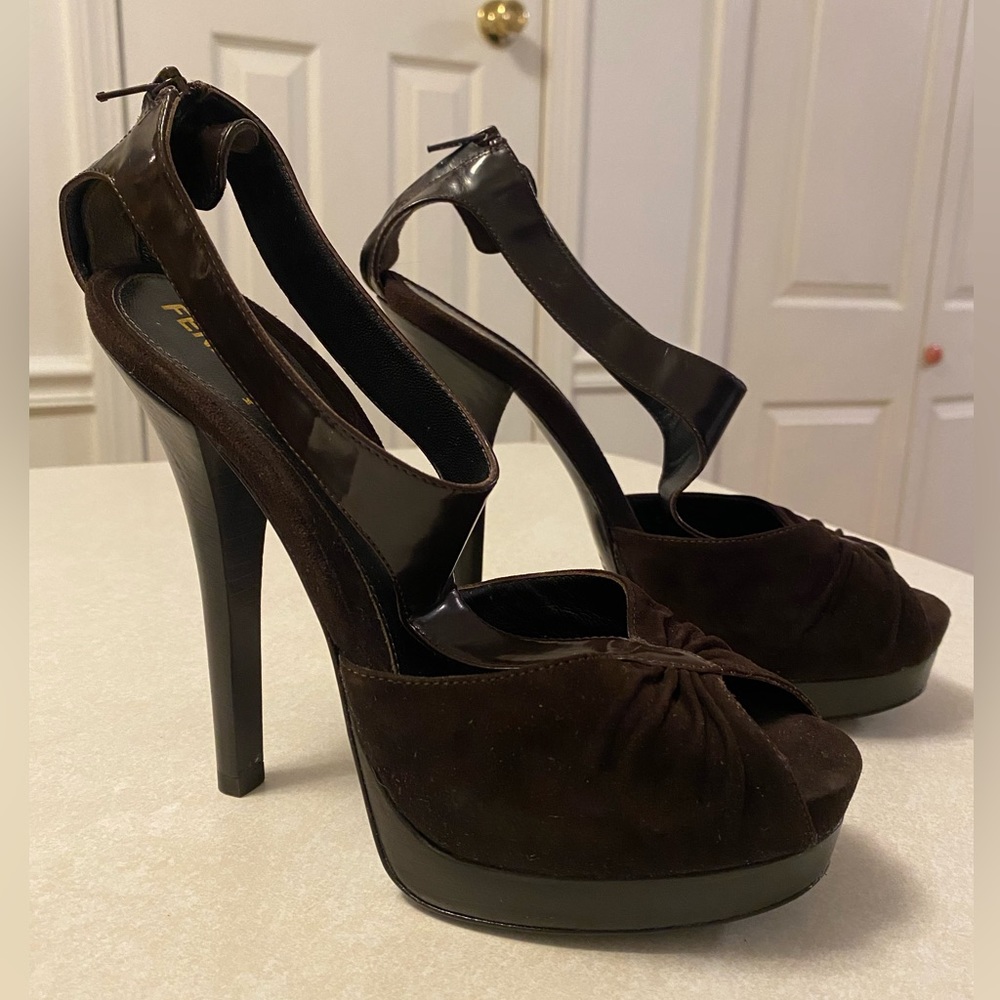 FENDI Brown Suede Peep Toe Heels - Size 38.5 / US 8 1/2